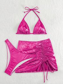 Swim EVENT Ladies' Solid Color Drawstring Ruched Halter Neck Bikini Set, Summer Beach