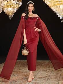Modelyn Burgundy Red Women's Off Shoulder Cape Sleeve Bodycon Dress Long Evening Dresses - Burgundy - View 7