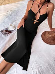 Aveloria Rosie 纯色露背高开衩连衣裙度假装女装 - 黑色 - 查看 3