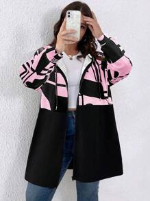 SHEIN LUNE Abrigo Con Capucha De Manga Larga Con Cierre De Cremallera Para Mujer De Talla Grande Con Estampado Geométrico - Multicolor - Ver 1