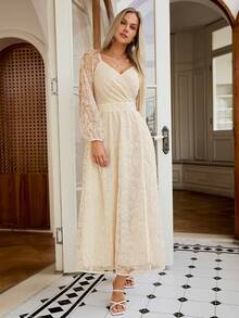 Simplee Women's Long Sleeve Mesh Cocktail Formal Dress - Apricot - View 5