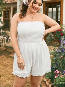 Dreamara Plus Size White Texture Jacquard Strapless Romper With Cinched Waist Girl Spring Break Vacation - White - View 3