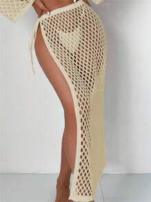 SHEIN Swim Women's Fashionable Solid Color Hollow Out Sexy Crochet Cover-Up Micro Crop Top And Skirt, For Vacation, Travel, Festival, Honeymoon, Pool Party,Summer Beach - Apricot - View 3