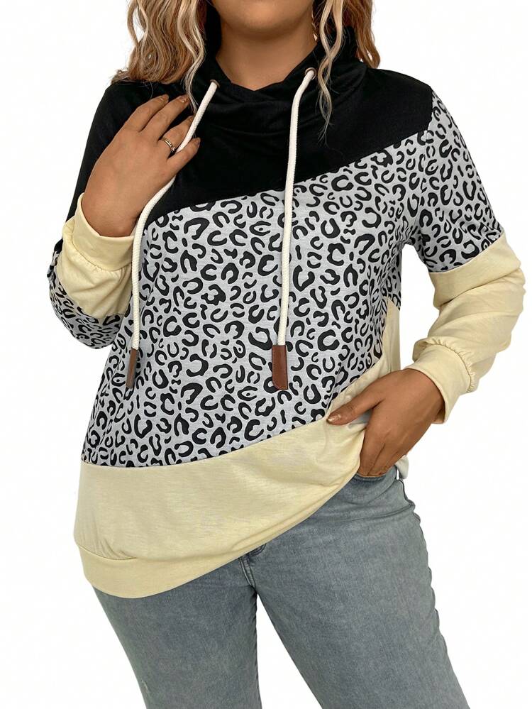 Plus Size Women's Leopard Print Drawstring Long Sleeve Sweatshirt Pullover Fall
