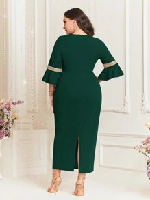 Modelyn Plus Size Ruffle Sleeve Color Block Belted Dress - Dark Green - View 2