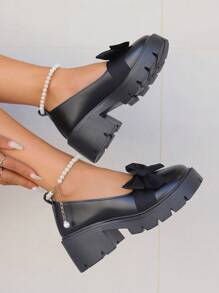 Zapatos de estilo Mary Jane para niñas con suela gruesa, llegada nueva de primavera, lazo con nudo y falso adorno de perla, mocasines de estilo dulce