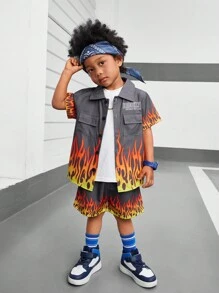 SHEIN 2pcs/Set Young Boy Fashion Stylish Short Sleeve Shirt & Printed Casual Woven Top, Summer Getaway, Holiday, Travel, Relax, Sunbathing - Black - View 4