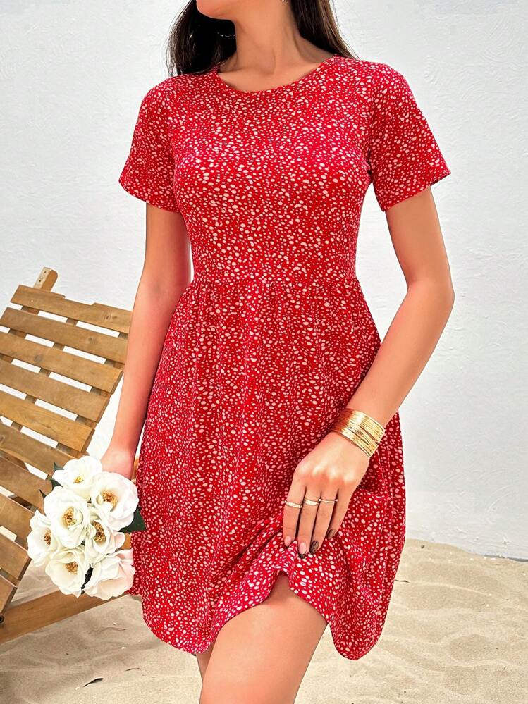 Vestido Casual Rojo Con Detalles De Puntos Blancos Para Mujeres - Rojo y blanco - Añade 5