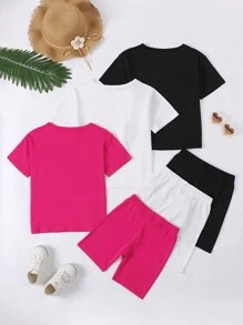 SHEIN Young Girl 3pcs/Set Letter Printed Short Sleeve Top And Shorts Casual Outfit In 3 Colors, Summer, School, Campus, College - Multicolor - View 2