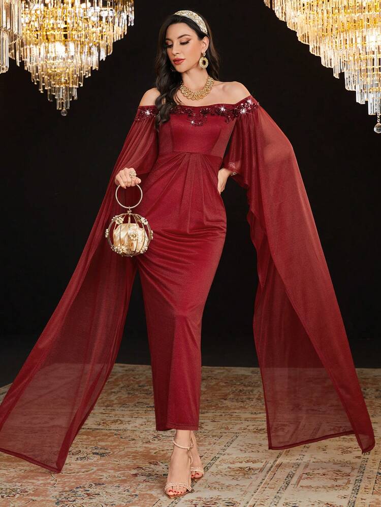 Burgundy Red Women's Off Shoulder Cape Sleeve Bodycon Dress Long Evening Dresses