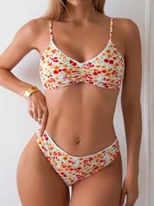 Swim Mod Women's Floral Print Lace Trim Bikini Set, Bikini Swimwear Bathing Suit Beach Outfit Summer Vacation,Summer Beach - Multicolor - View 5