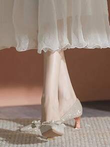 Champagne Colored High Heels For Women With Chunky Heel, Comfortable Faux Pearl Wedding Shoes - Champagne - View 3