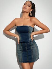 SHEIN BAE 女士 Outcast 短款上衣 | 短款牛仔上衣、牛仔紧身胸衣和夏季背心 - 藍色 - 查看 5