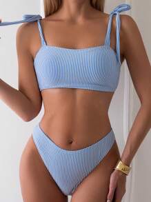 Swim Mod 女士条纹肩结比基尼套装，比基尼套装泳装泳衣沙滩装夏季度假，夏季海滩