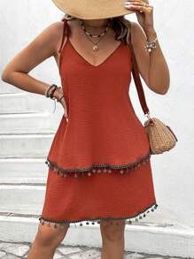 SHEIN Clasi Plus Size Belted Shoulder Knot Decorated Dress - Rust Brown - View 5
