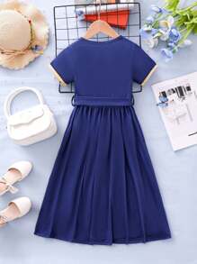 SHEIN Young Girl Dress Casual Ladylike Floral Printed Short Sleeve Dress With Round Neck For Summer - Blue - View 2