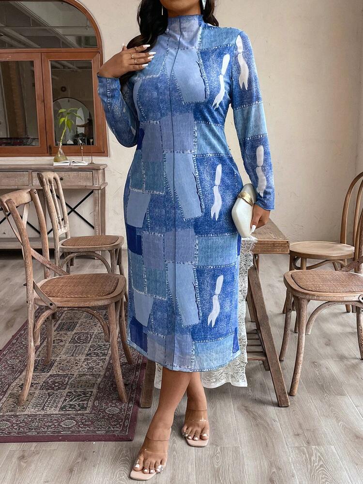 Plus Size Women's Patchwork Printed Stand Collar Long Sleeve Dress
