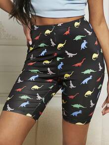 SHEIN EZwear 女款針織恐龍印花休閒短褲/褲襪,適用於日常穿著 - 彩色 - 查看 4