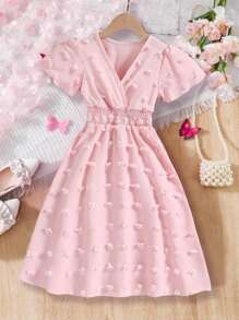 SHEIN Váy dài dài đến thắt lưng màu hồng cổ chữ V dành cho cô gái trẻ, trang phục phù hợp cho gia đình (3 chiếc được bán riêng) - Hồng - Xem 1