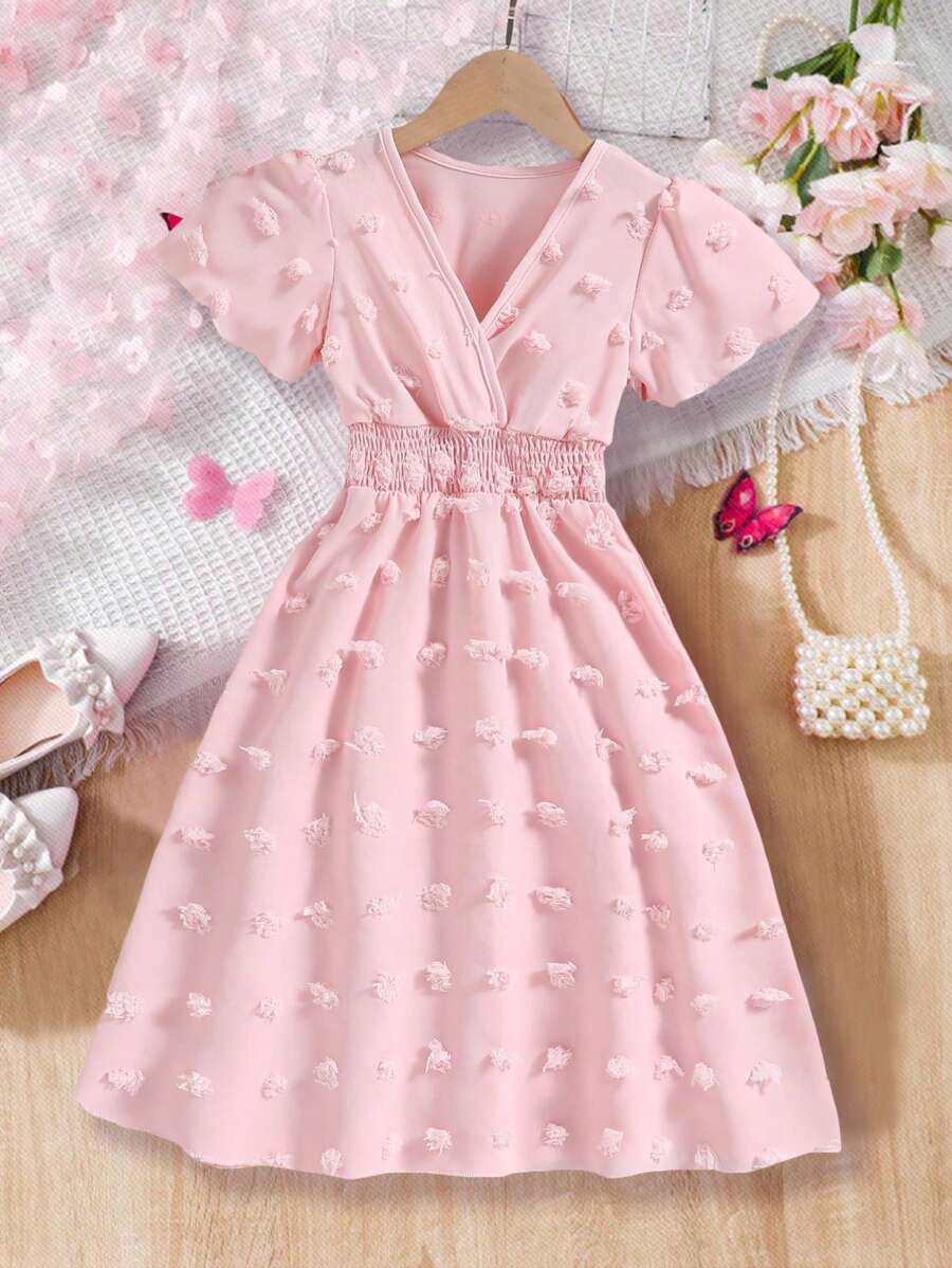 SHEIN Váy dài dài đến thắt lưng màu hồng cổ chữ V dành cho cô gái trẻ, trang phục phù hợp cho gia đình (3 chiếc được bán riêng) - Hồng - Xem 1