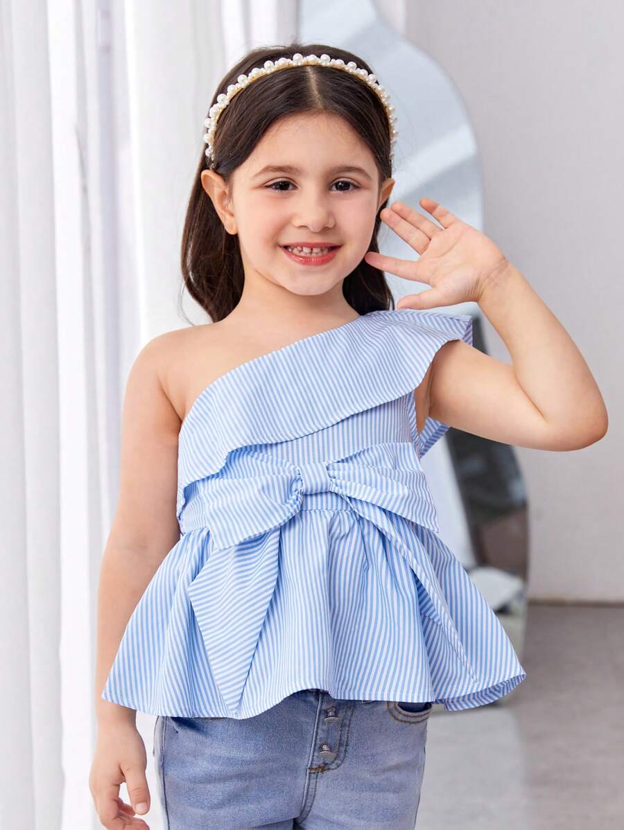 SHEIN 年輕女孩可愛不對稱條紋單肩上衣配大蝴蝶結點綴