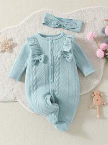 SHEIN 嬰兒女士柔軟舒適的彈性連體衣,蝴蝶裝飾,多色碰撞底足寶寶睡衣,適用於秋冬季節