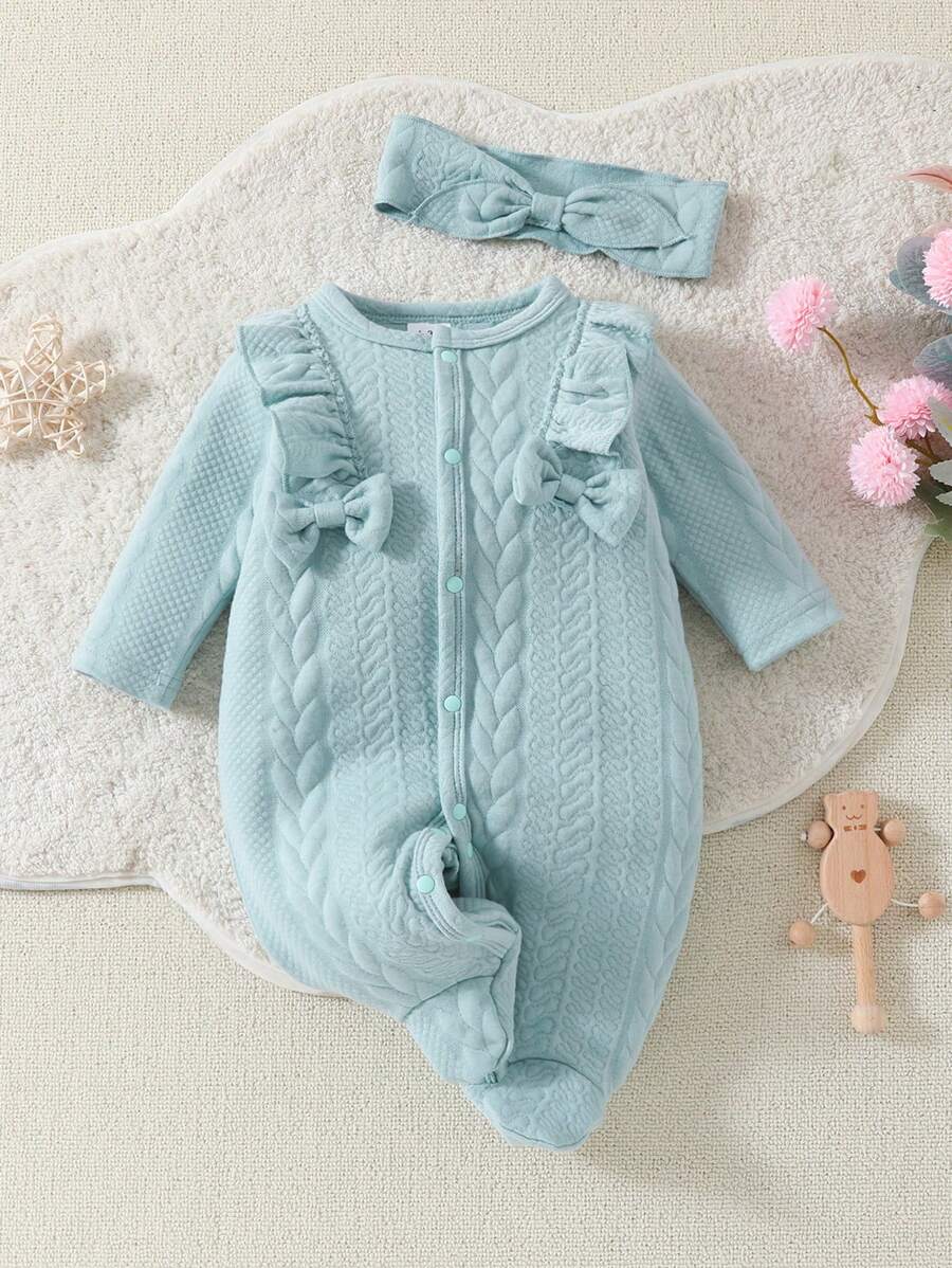 SHEIN 嬰兒女士柔軟舒適的彈性連體衣,蝴蝶裝飾,多色碰撞底足寶寶睡衣,適用於秋冬季節