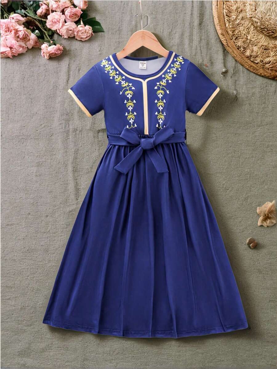 SHEIN Young Girl Dress Casual Ladylike Floral Printed Short Sleeve Dress With Round Neck For Summer - Blue - View 1