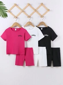 SHEIN Young Girl 3pcs/Set Letter Printed Short Sleeve Top And Shorts Casual Outfit In 3 Colors, Summer, School, Campus, College - Multicolor - View 3