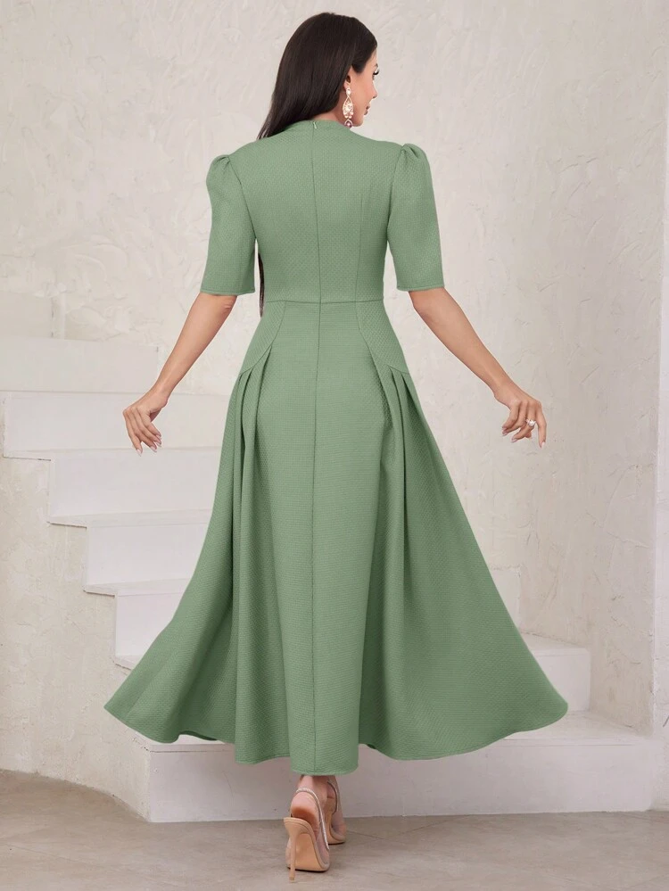 Women's Solid Color Bubble Sleeve Twist Knot Dress Long Evening Dresses