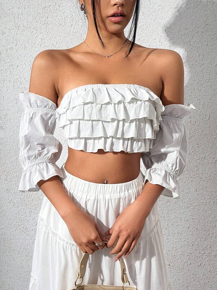 Women's Off-Shoulder Solid Color Lace Trimmed Top