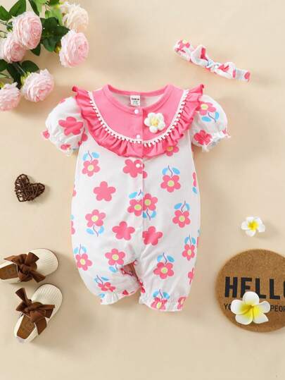 嬰兒女夏季甜美花卉印花連身衣，配有3D花裝飾和蝴蝶結頭帶