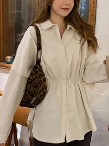 女士宽松蝙蝠袖纯色抽绳腰衬衫，春夏