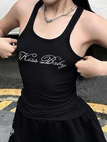 Women's Letter Printed Tank Top - Black - View 3