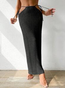 SHEIN Swim 女士纯色镂空腰带长款罩衫裙，适合度假、夏季海滩穿着 - 黑色 - 查看 4