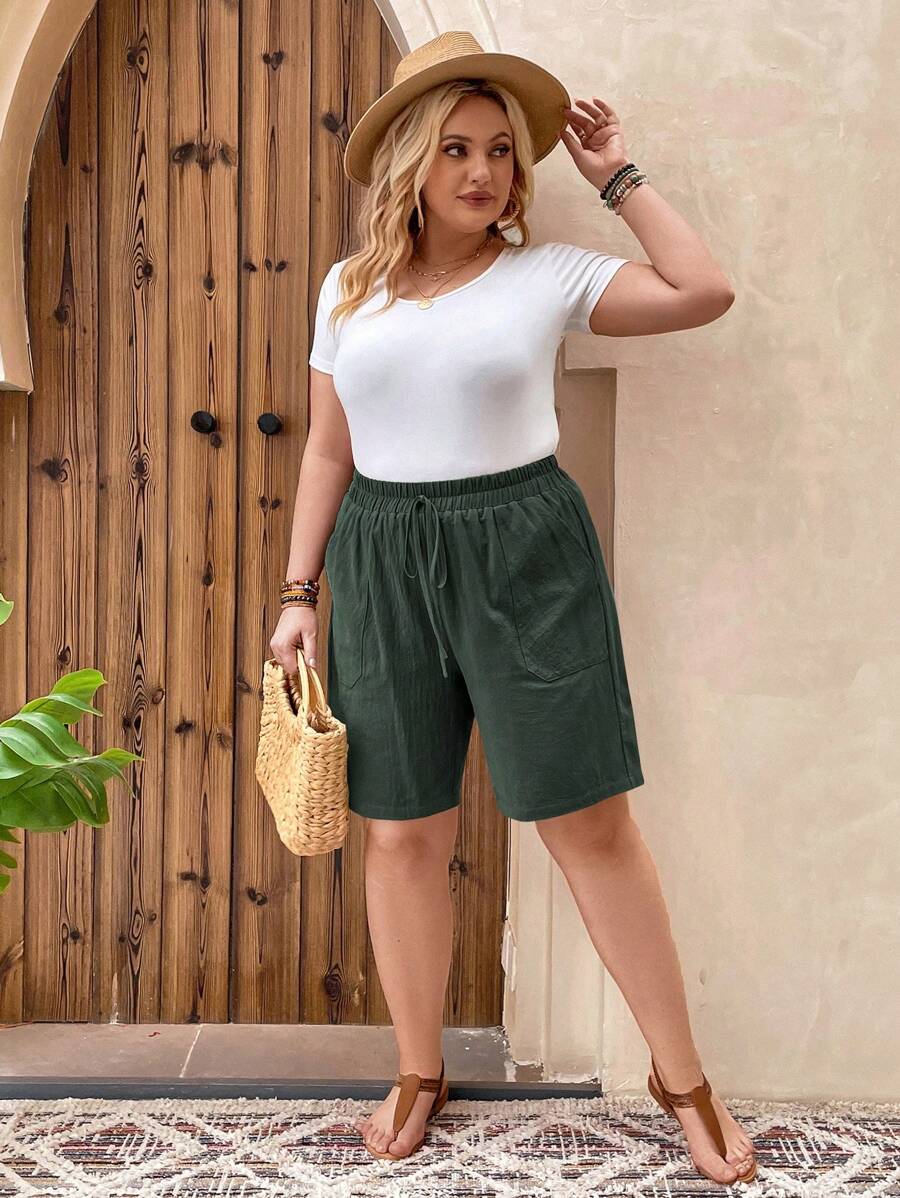 SHEIN LUNE 女式束口彈性腰實色大尺寸短褲 - 墨綠色 - 查看 1