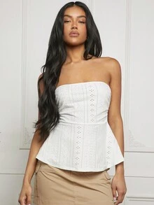 Eyelet Embroidery Solid Ruffle Hem Tube Top - White - View 1