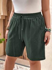 SHEIN LUNE 女式束口彈性腰實色大尺寸短褲 - 墨綠色 - 查看 3