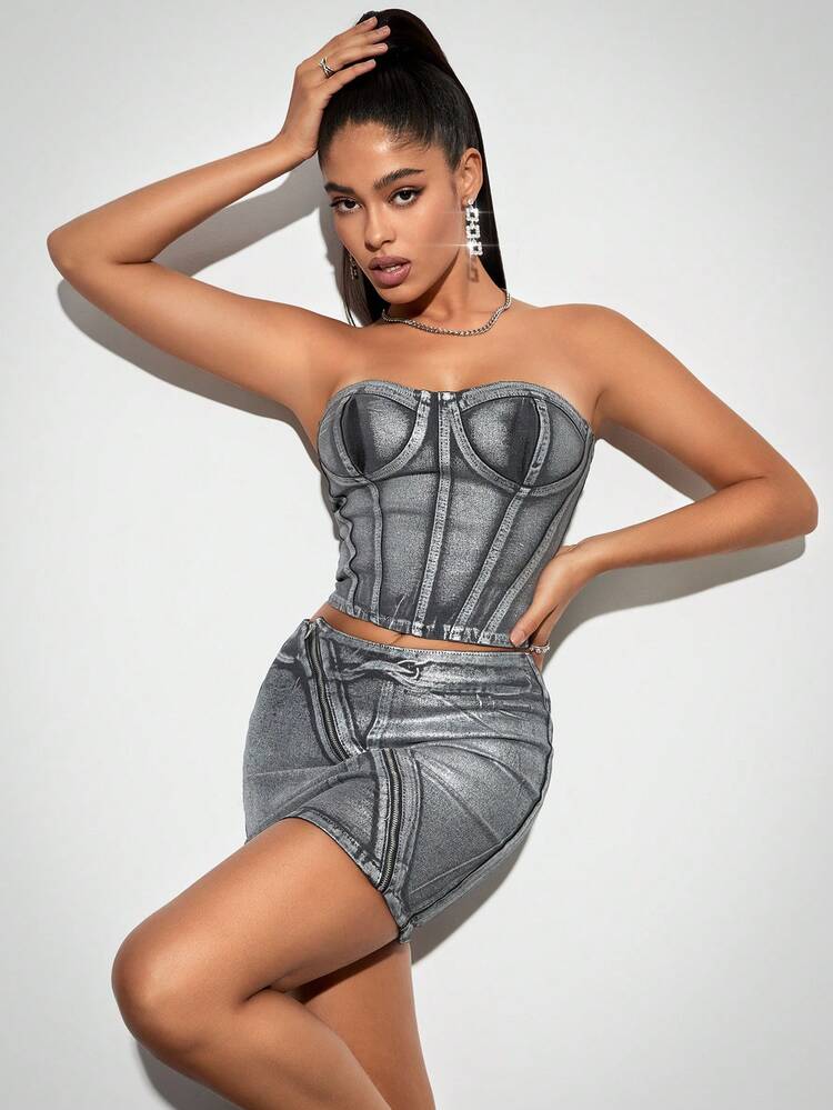Silver Metallic Cup Detail Denim Corset Top&Summer Tops&Festival Outfits