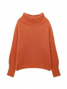 Women Loose High Neck Sweater, Casual Formal Ribbed Knit Button Up Long Sleeve Pullover Top - Orange - View 5