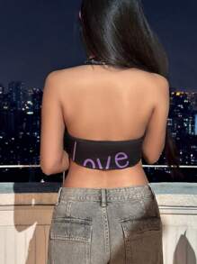 SHEIN Unity 金屬插眼不對稱下擺字母印花綁頸背心