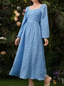 Modelyn Women's Square Neck Lantern Sleeve Dress - Blue - View 2
