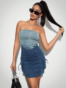 SHEIN BAE Gradient Water Washed Slim-Fit Denim Overall Dress - Blue - View 3
