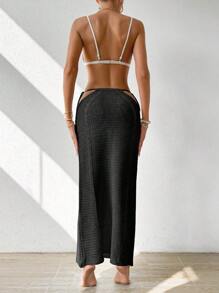 SHEIN Swim 女士纯色镂空腰带长款罩衫裙，适合度假、夏季海滩穿着 - 黑色 - 查看 2
