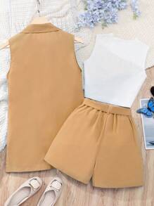 Teen Girl Summer Casual Vest, Shorts, And Waistcoat Three Pieces Set - Khaki - View 8