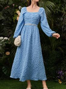 Modelyn Women's Square Neck Lantern Sleeve Dress - Blue - View 5