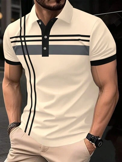 Manfinity Mode 男式拼色短袖四分之一纽扣工作休闲 Polo 衫，男友礼物