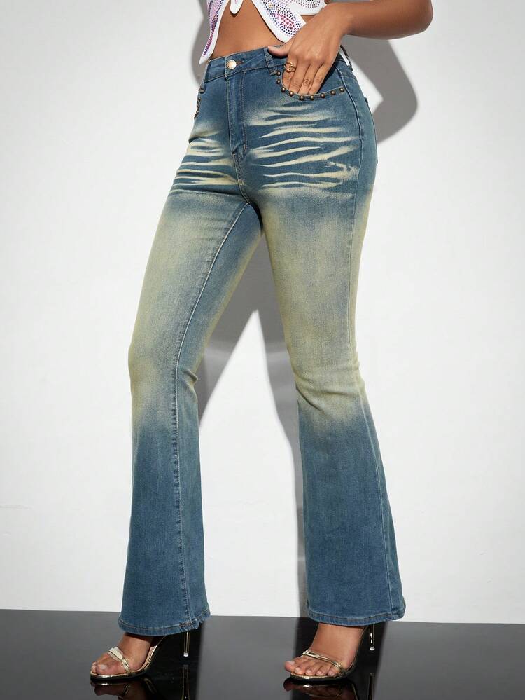 Sexy Hottie Studded Low Rise Flared Jeans