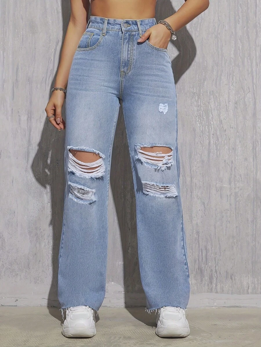 Light Blue Casual Straight Wide Leg Jeans With Distressed Details - Light Wash - View 1