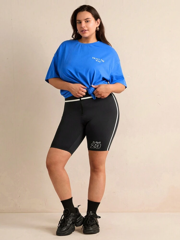 Plus Size Alphabet Printed Zipper Fly Half Placket Cycling Shorts